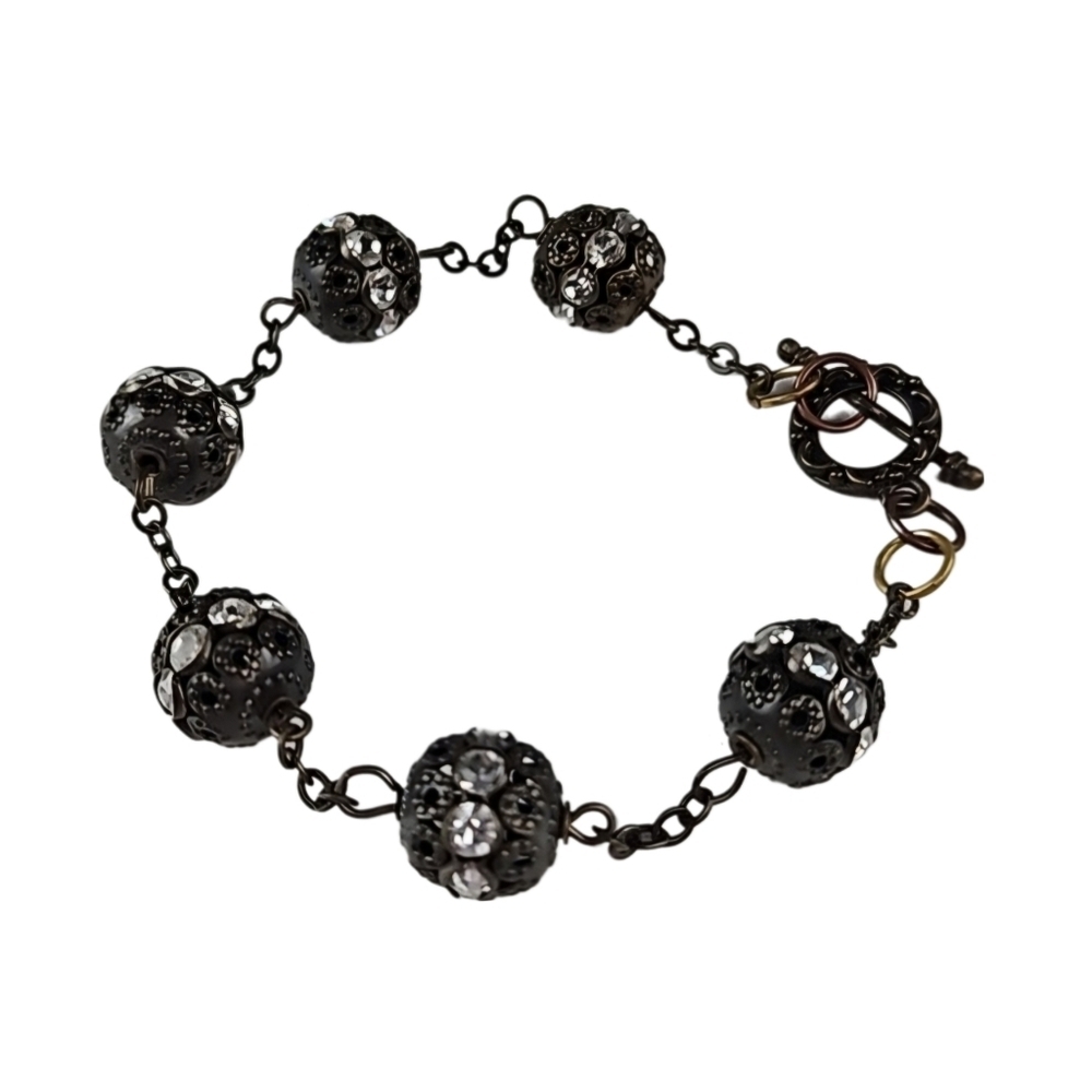 Vintage Rhinestone Ball Chain Rhinestone Gunmetal Bracelet Toggle Closure